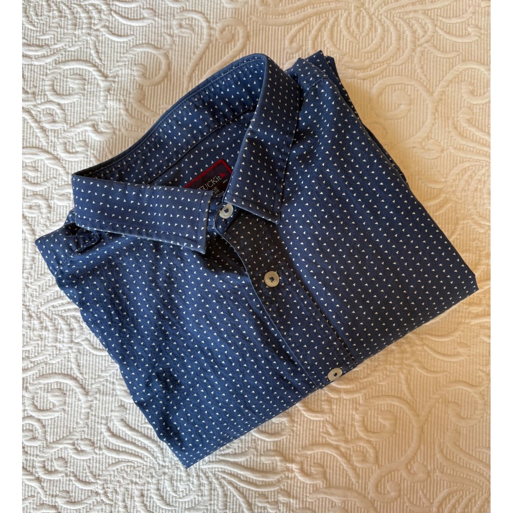 UNTUCKit Mens Slim Fit Navy Blue White Triangle Print Cotton Button Down Shirt L